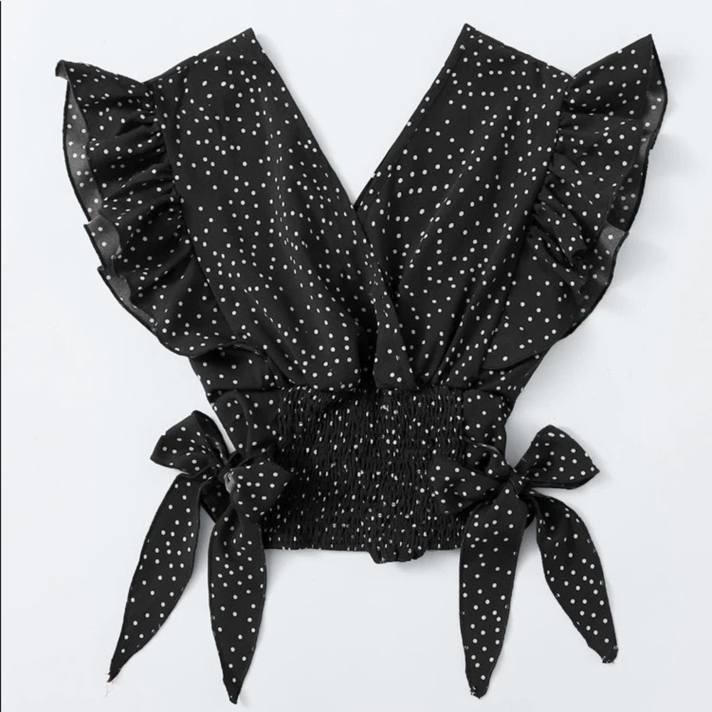 Shein Ruffle Armhole Shirred Hem Polka-Dot Top